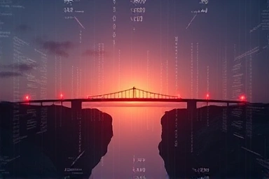 Bridge of digital code symbolizing transition to a brighter future.