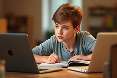 Student studying for computer accounting certification exam