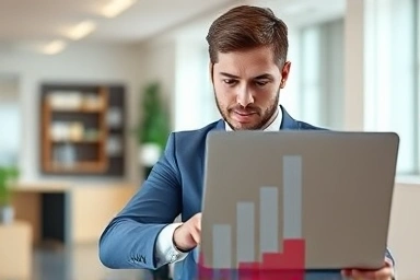 Young professional studying accounting software with financial growth charts.