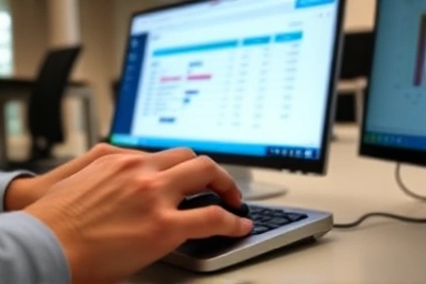 Hands using keyboard and mouse on accounting software interface.