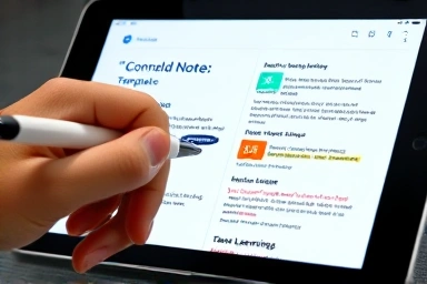 Stylus actively writing on a digital Cornell note template.