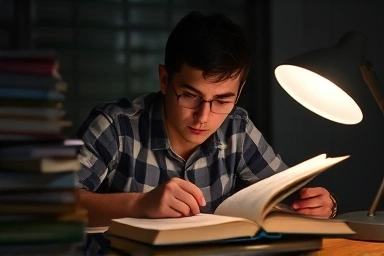 Student cramming for exams with focused intensity
