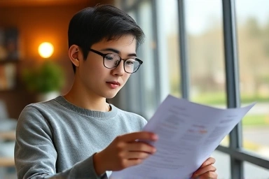 Student planning affordable education with financial documents.