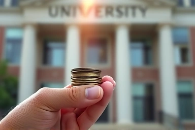 Hand holding coins with light beam, symbolizing financial investment in education.