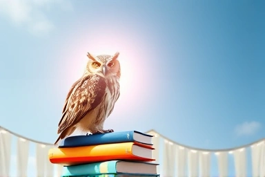 Wise owl and books representing academic knowledge and strategy