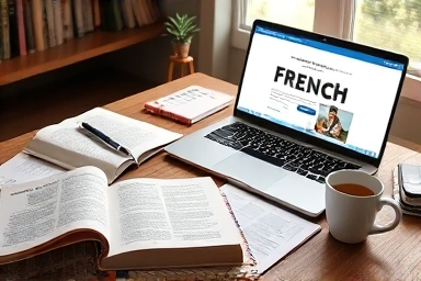 Study materials and environment for DELF B2 French exam preparation.