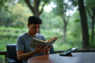 Person finding peace away from digital distractions, reading a book.