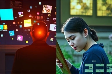 Contrast between digital overwhelm and mindful, analog activities.