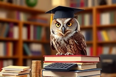 Wise owl with graduation cap on books, symbolizing education and savings.