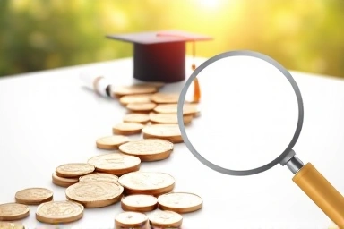 Path of coins leading to diploma, with magnifying glass revealing savings.