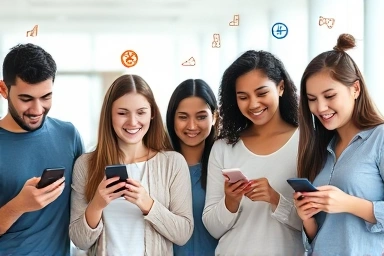 People learning languages on phones with abstract progress symbols.