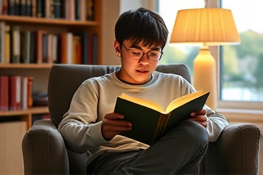 Student reading an easy English book for language learning.