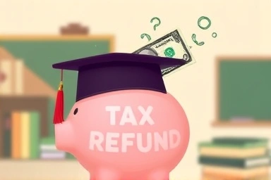 Tax refund money flowing into a graduation cap piggy bank.