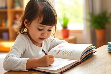 Child writing English diary, creative learning, happy expression