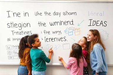 Children learning English together, teamwork, creative writing activity