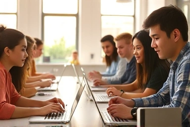 Diverse individuals learning coding in a bright, modern coworking space.