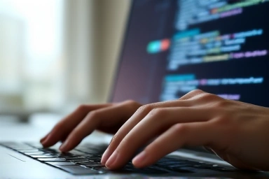 Close-up of coding on a laptop with abstract digital data streams.