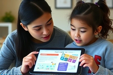 Parent and child choosing educational online service