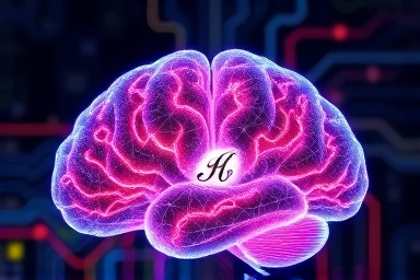 Abstract visualization of brain activity and cursive letters.