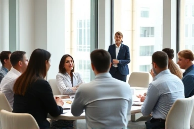 Professionals collaborating during an English interview study session.