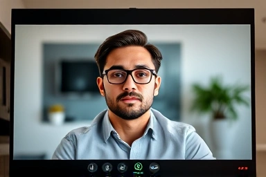 Confident individual participating in a virtual English job interview.