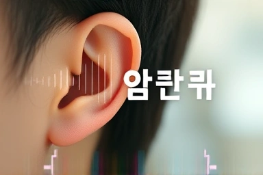 Ear hearing sound waves transform into Korean text symbolizing understanding.