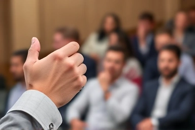 Effective hand gestures enhancing a powerful presentation message.