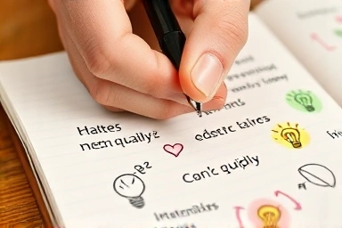 Hand drawing colorful mnemonics and word associations in a notebook.