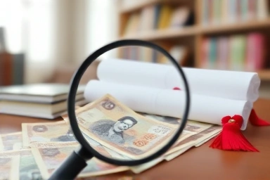 Magnifying glass over money and diploma, financial scrutiny for education.