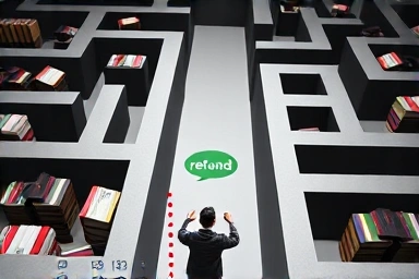 Person navigating educational maze, seeking refund path.