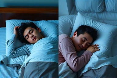 Contrast between stressed and restful sleep before exams.