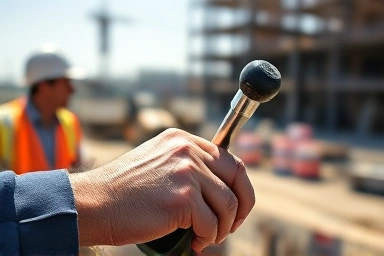 Skilled hands operating excavator joystick on construction site.