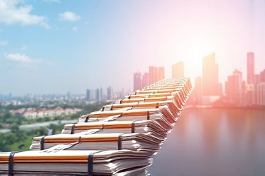 Ladder of accounting ledgers symbolizing career growth.