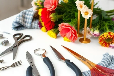 Organized floral design exam workspace with tools and flowers.