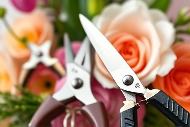 Close-up of high-quality floral design tools for a practical exam.