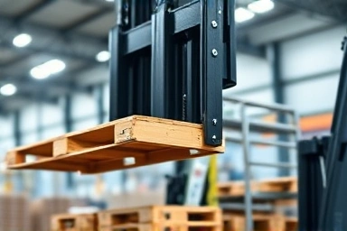 Forklift forks precisely lifting a pallet in an industrial setting.