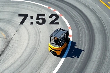 Forklift navigating a tight course with lane markers, emphasizing control.