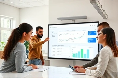 Diverse students learning data analysis in a collaborative classroom.