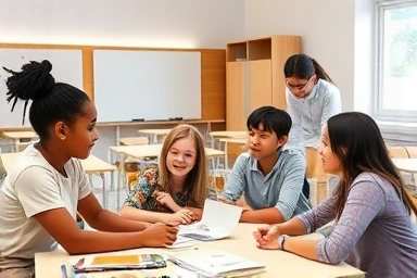 Students learning collaboratively in a bright, modern classroom.