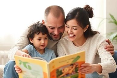 Parent and child engaged in learning with a book