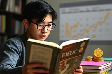 Student studying TOEIC for refund class with coins and calendar.