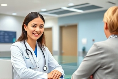 Hospital coordinator assisting a patient at reception.