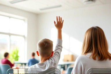 Student asking teacher a question in a bright classroom.