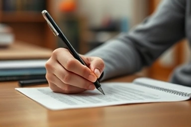 Student writing HSK 6 essay with focus and precision.