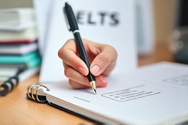 Hand writing IELTS essay with pen on notebook
