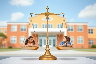 Fairness in education symbolized by scales and a school.