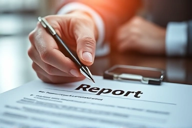 Hand signing a report document, symbolizing reporting.