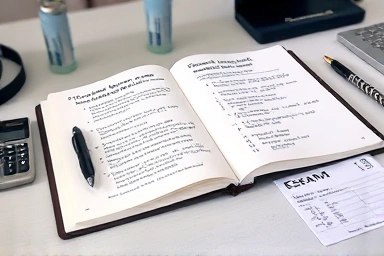 Study desk with safety exam preparation materials.