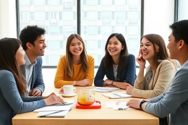 Diverse group learning Japanese in a lively study session.