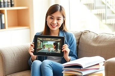 Woman learning Japanese with a drama on a tablet.